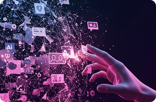 Image: Hand reaching towards a cloud of glowing, abstract digital icons and data points, in shades of pink and purple.